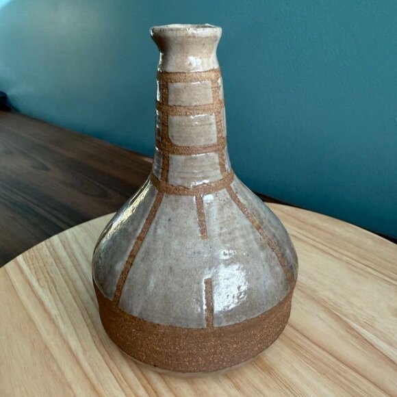 Vintage Handcrafted Asian Stoneware Vase Grayish White Brown Geometric - Picture 4 of 10